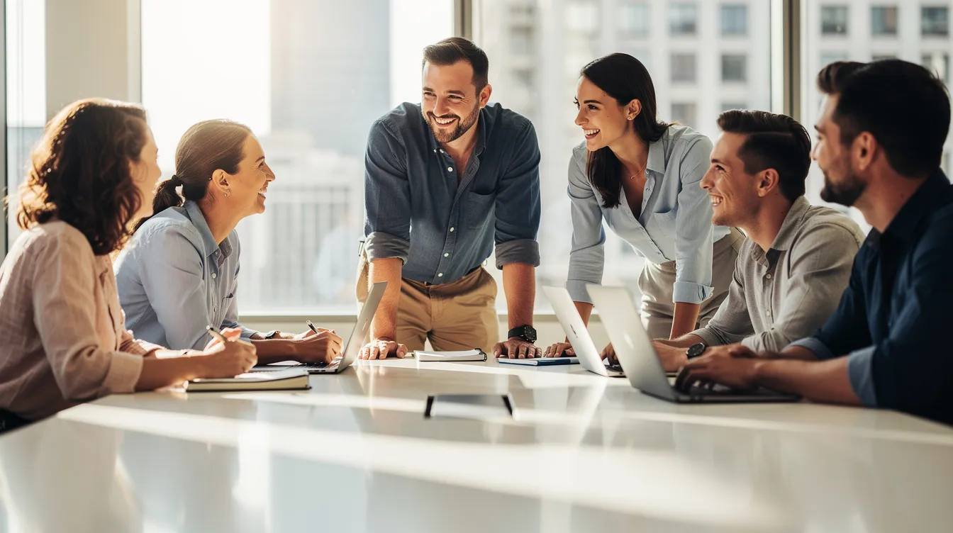 Une équipe de travail souriante se réunit autour d'une table de réunion, créant une ambiance collaborative et détendue, propice à la prise de décision et à l'accompagnement des managers dans leur rôle. Cette scène illustre l'importance de la cohésion et du coaching au sein de l'entreprise pour atteindre les objectifs communs.
