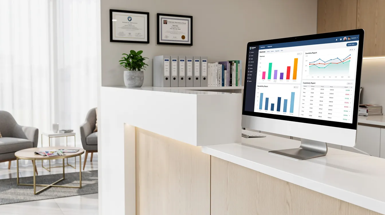 The image depicts a dental office reception area featuring a computer screen displaying financial reports related to dental insurance claims. This setting highlights the importance of managing dental benefits and ensuring timely submission of claims for covered services.