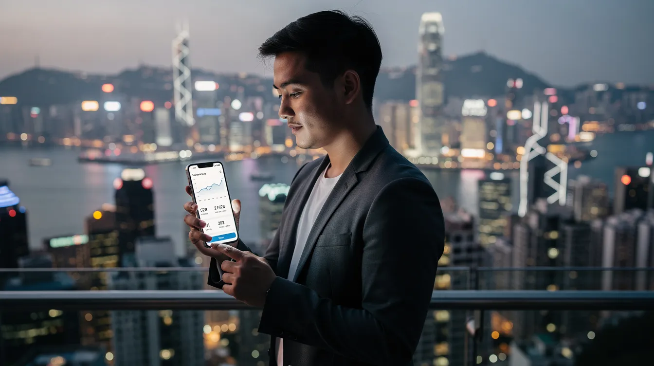 A person is using a smartphone to browse a financial services app, with the iconic Hong Kong skyline visible in the background. The app may provide options for 免 tu 貸款 and other financial services, reflecting the modern approach to personal finance in a bustling city.