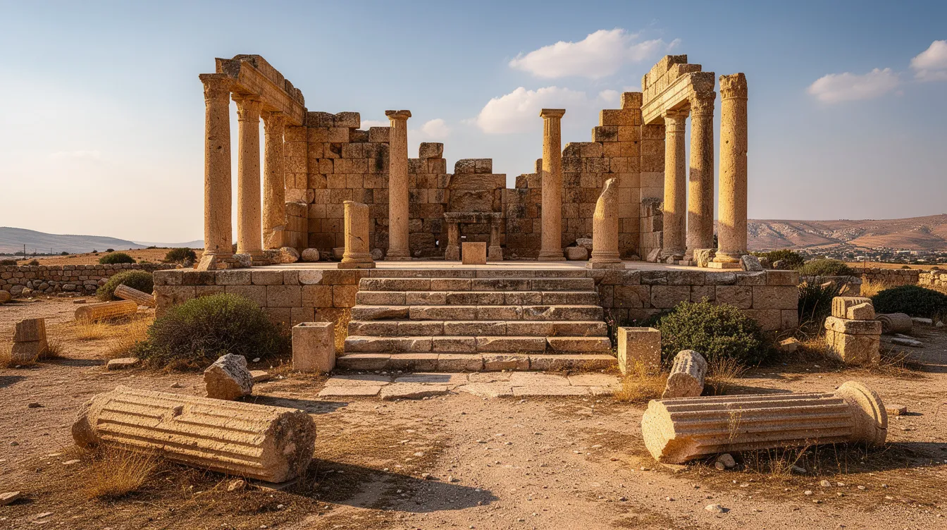 The image depicts ancient stone ruins of a first-century synagogue, featuring columns and steps under a bright sun in a Middle Eastern landscape. This site reflects the historical context of Jewish religious life, where Pharisaic Judaism thrived and where teachings of Jesus Christ were shared among the Jewish population.