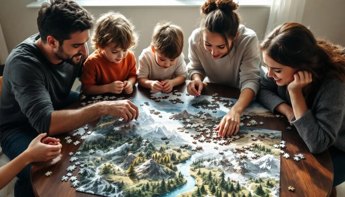 In einem Raum arbeiten mehrere Personen gemeinsam an einem komplexen Puzzle auf einem Tisch, wobei sie ihre Kommunikationsfähigkeiten und Teamarbeit einsetzen, um die Teile zu koordinieren und die Aufgabe erfolgreich zu lösen. Die Gruppe zeigt Freude und Engagement, während sie als Team zusammenarbeitet, um das Puzzle zu vollenden.