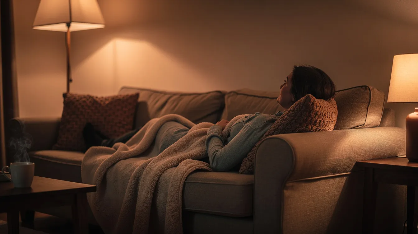 A person is seen relaxing on a comfortable couch in a dimly lit living room, surrounded by warm ambient lighting and cozy blankets, creating a calm atmosphere perfect for unwinding after a long day. This serene setting evokes feelings of deep relaxation, ideal for those seeking relief from stress and anxiety, much like the soothing effects of the Skywalker OG strain.