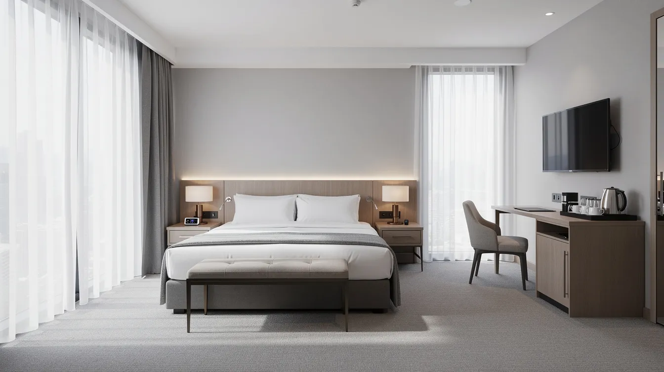 The image depicts a clean and modern hotel room featuring a neatly arranged bed and contemporary furnishings, ideal for guests seeking comfort and style. This attractive space reflects effective room revenue management strategies, appealing to those looking for higher occupancy rates and direct bookings.