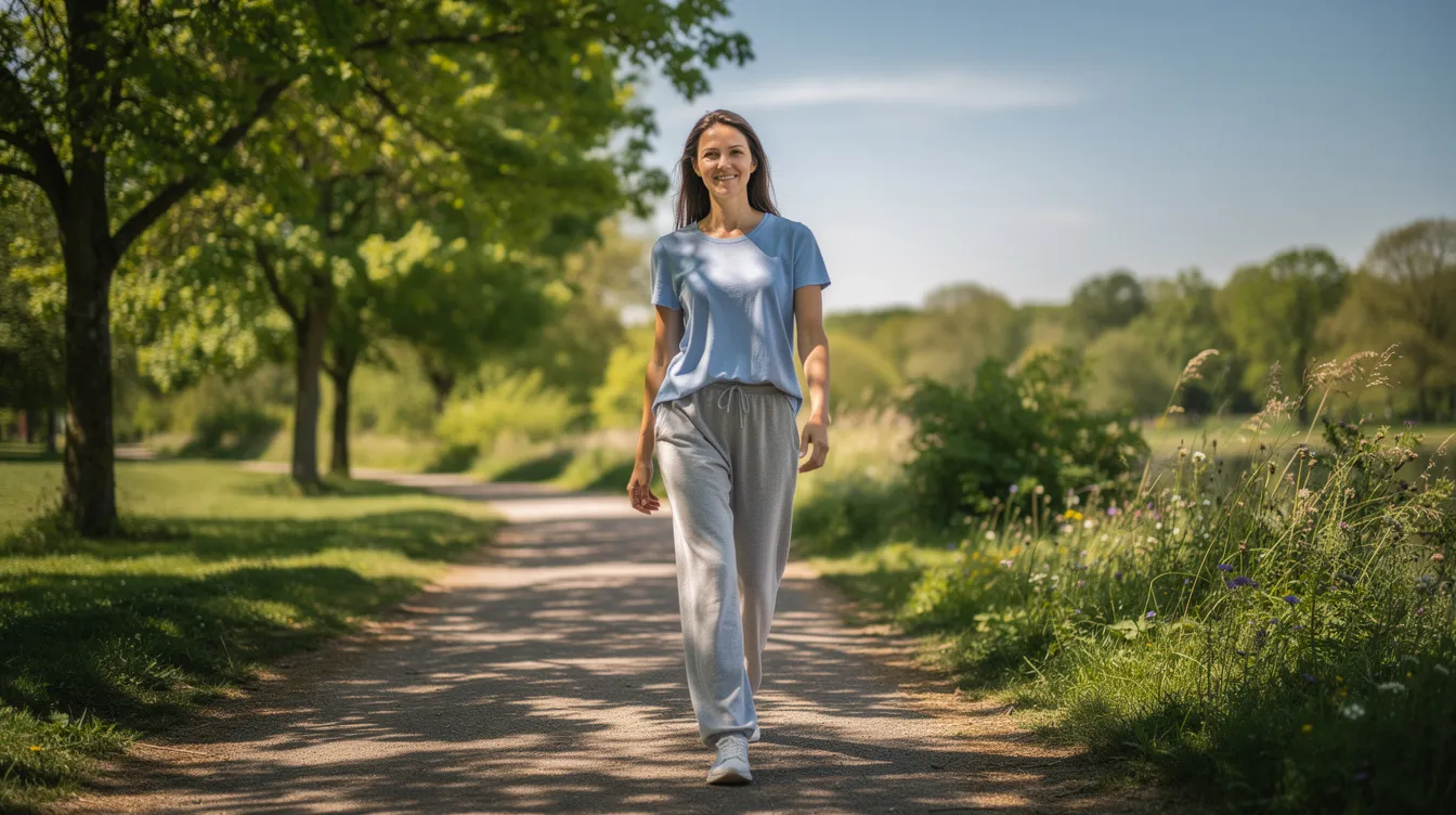A person is walking outdoors along a sunny path, dressed in comfortable clothing and exuding a relaxed and healthy demeanor. This image evokes a sense of well-being, often associated with the benefits of maintaining a healthy lifestyle, which can complement procedures like liposuction surgery for fat reduction.