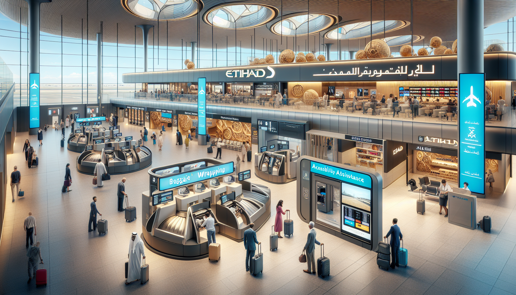 Passenger services area at Etihad's Terminal 4 with baggage wrapping and currency exchange