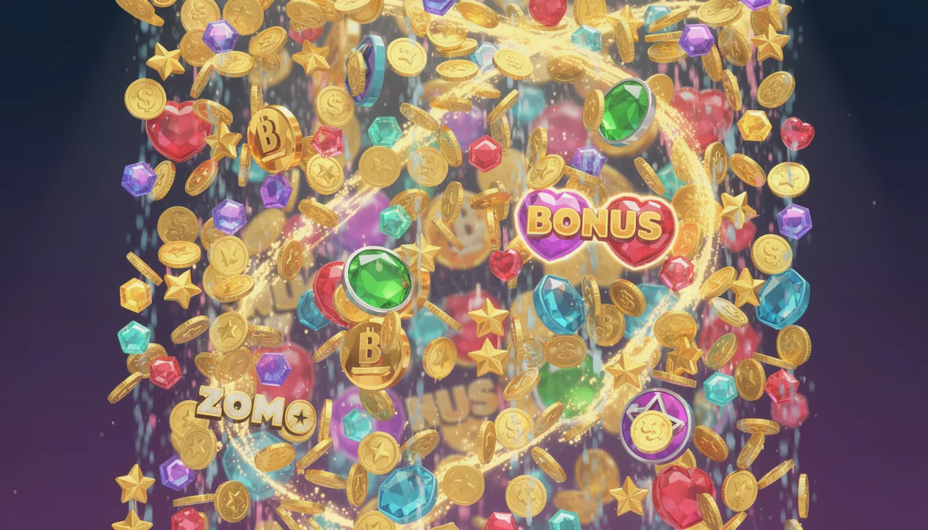 En färgglad kaskad av spelobjekt, inklusive mynt och symboler, faller som ett vattenfall. Dessa element representerar den spännande världen av big time gaming och dess populära spelautomater som Extra Chilli och White Rabbit.