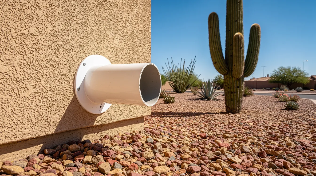 The image depicts an exterior PVC discharge pipe outlet in a desert-landscaped yard in Arizona, surrounded by gravel and a nearby cactus. This setup is essential for a sump pump system, ensuring proper water management and preventing potential water damage to the home's foundation.