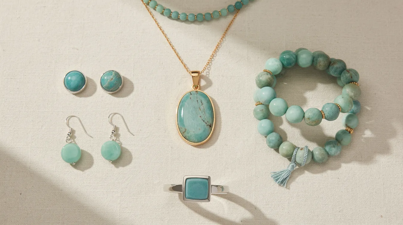 The image showcases a variety of popular amazonite jewellery styles, featuring semi-precious gemstone pieces in vibrant colours. Discover these unique products that capture the soul of the stone, perfect for those looking to choose elegant accessories.