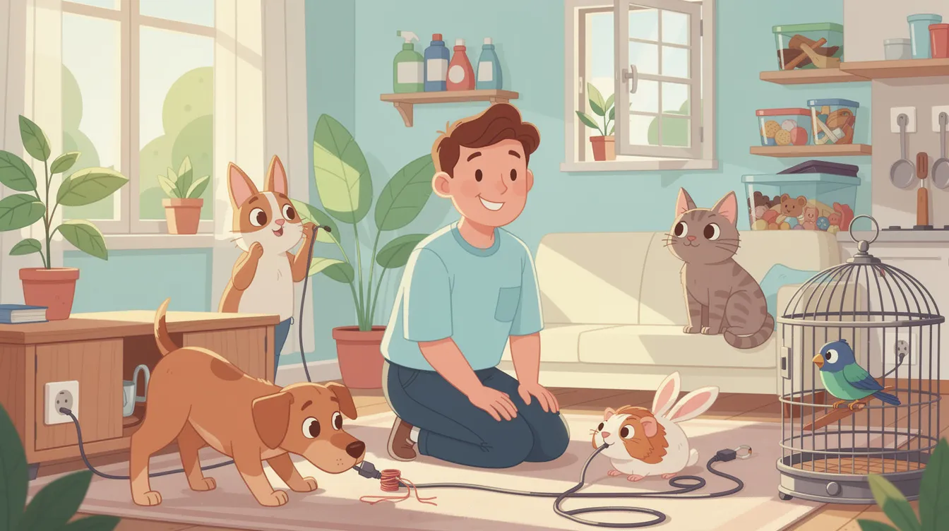 A pet owner assessing their home for potential hazards from a pet&rsquo;s perspective, ensuring pet safety at home.