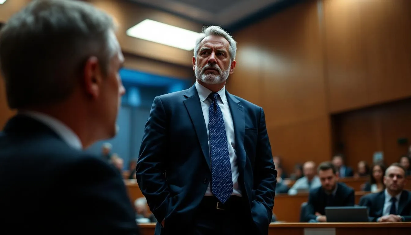 A criminal defense solicitor representing a client in a courtroom.