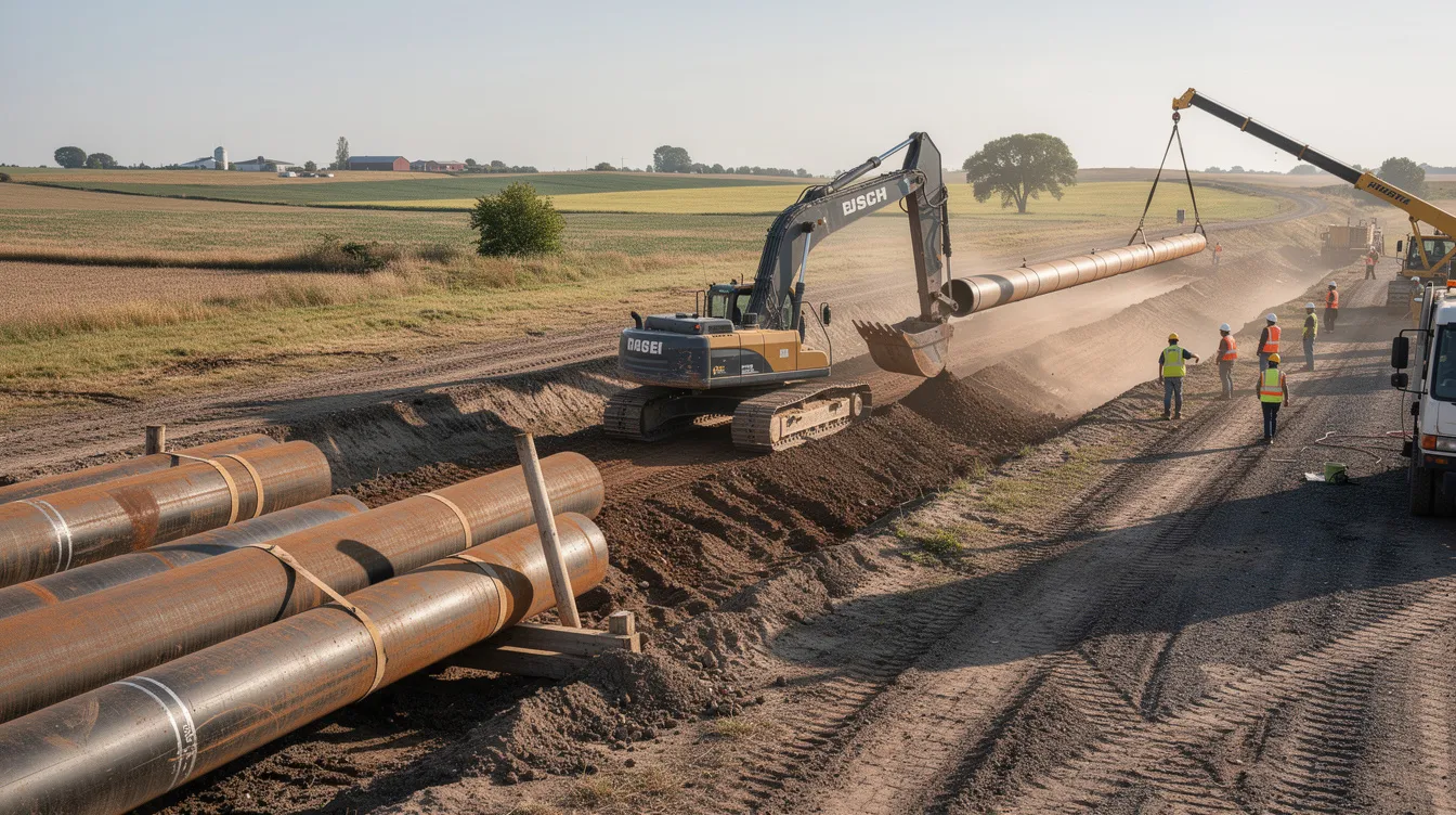 The image shows a pipeline under construction in a rural landscape, with heavy equipment such as excavators and bulldozers actively working on the site. This scene reflects the ongoing developments in the oil and gas industry, highlighting the infrastructure essential for gas exploration and transportation.