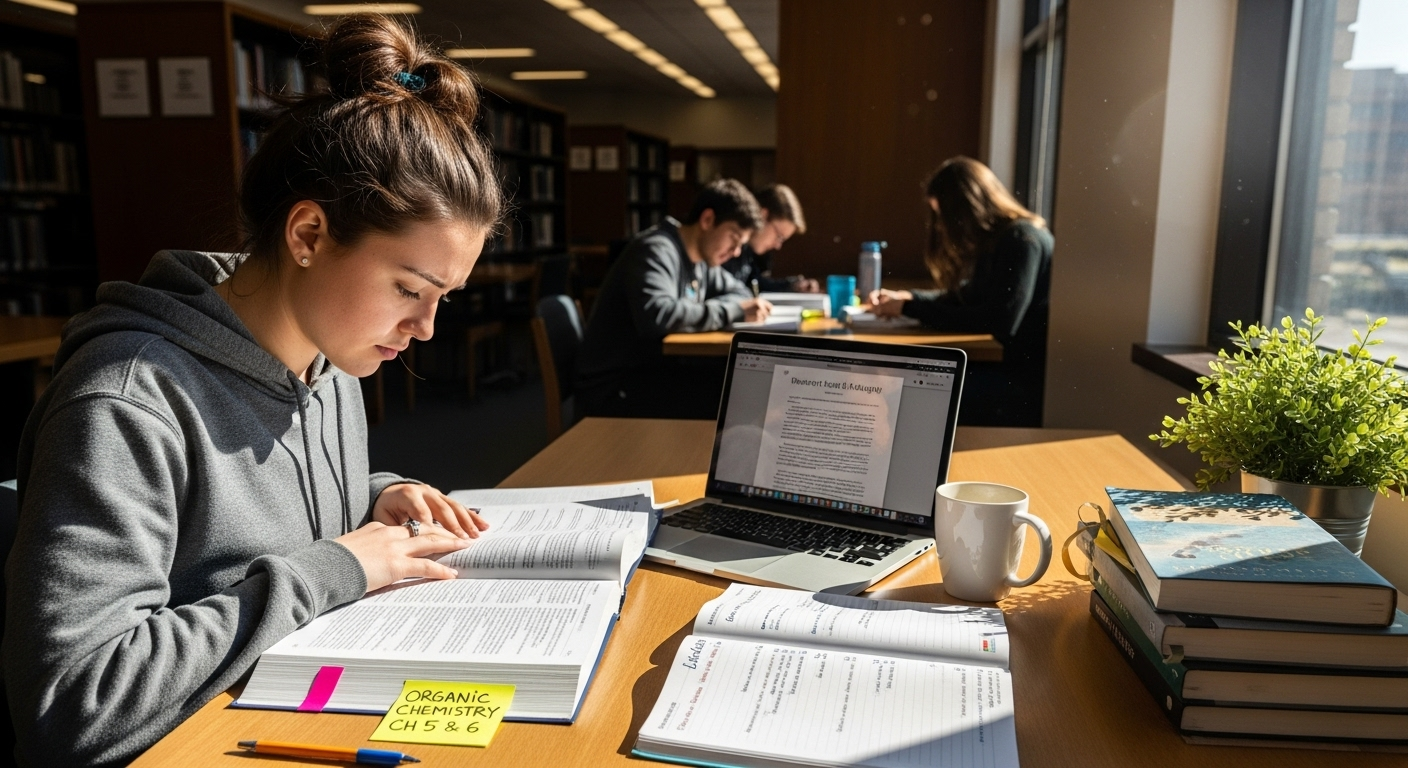 College student studying with focus and motivation, guided by clear academic goals.