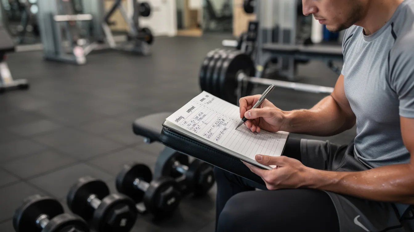 Een persoon maakt notities in een trainingslogboek naast een halterbank, terwijl hij zich voorbereidt op het bulken en de spiermassa wil opbouwen. Op de achtergrond zijn halters en fitnessapparatuur zichtbaar, wat de focus op krachttraining en spiergroei benadrukt.