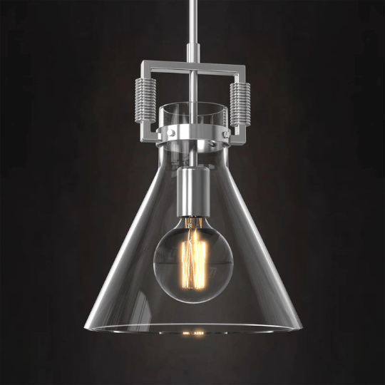 Industrial-style pendant light with a conical clear glass shade, exposed filament bulb, and metallic frame featuring spring-like details.