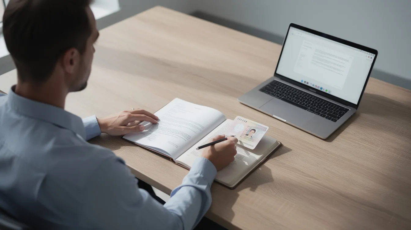 The image shows a person reviewing various documents, including a passport, on a desk alongside a laptop, indicating preparations for travel. This scene suggests the individual may be gathering necessary paperwork, such as a visa application or supporting documents, to enter Turkey, particularly for Irish citizens or foreign nationals planning a trip.