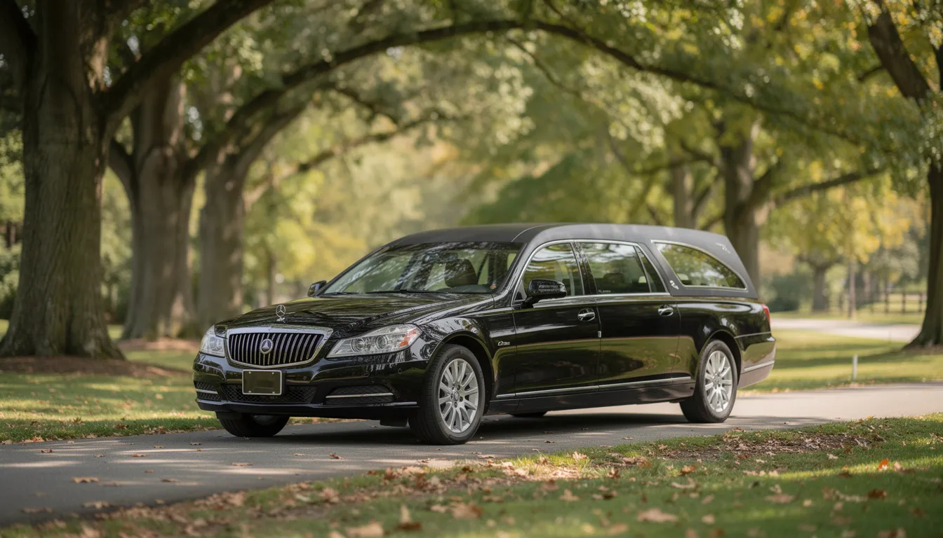un corbillard noir élégant stationné dans une allée arborée,