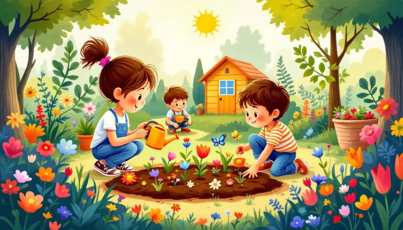 Children gardening and exploring nature.