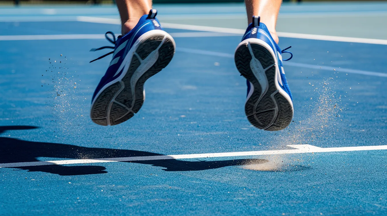 A close-up image of a tennis player's feet performing a split step on a hard court surface, showcasing the essential footwork needed to play tennis effectively. This technique is crucial for beginners to develop their tennis skills and improve their movement during matches.