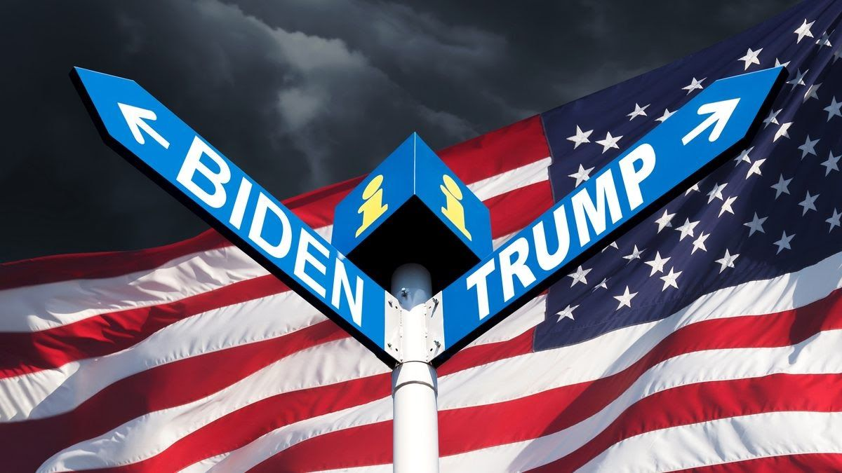 Joe Biden vs. Donald Trump directions signs with US flag in background