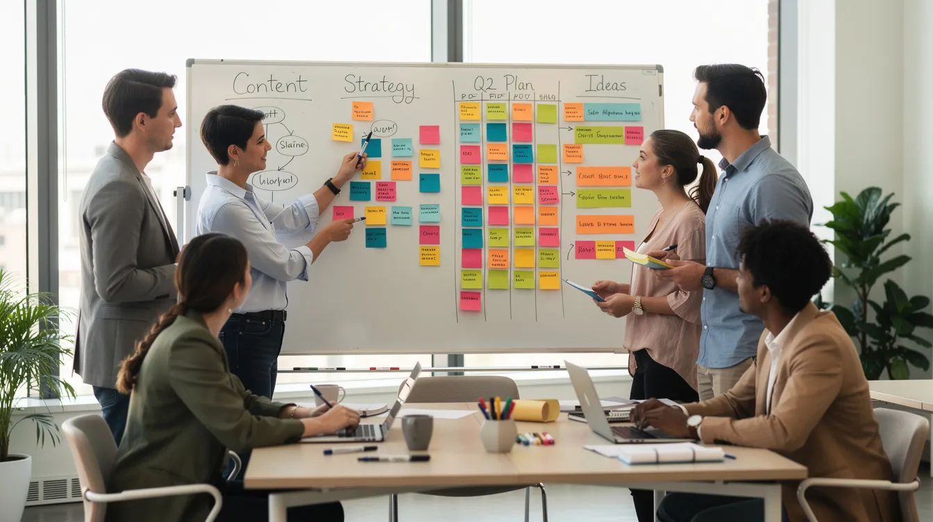 A diverse team collaborates around a whiteboard filled with sticky notes, focusing on content marketing strategy and planning materials to develop engaging content for their target audience. They discuss practical exercises and tools to enhance their digital marketing efforts and achieve business goals.