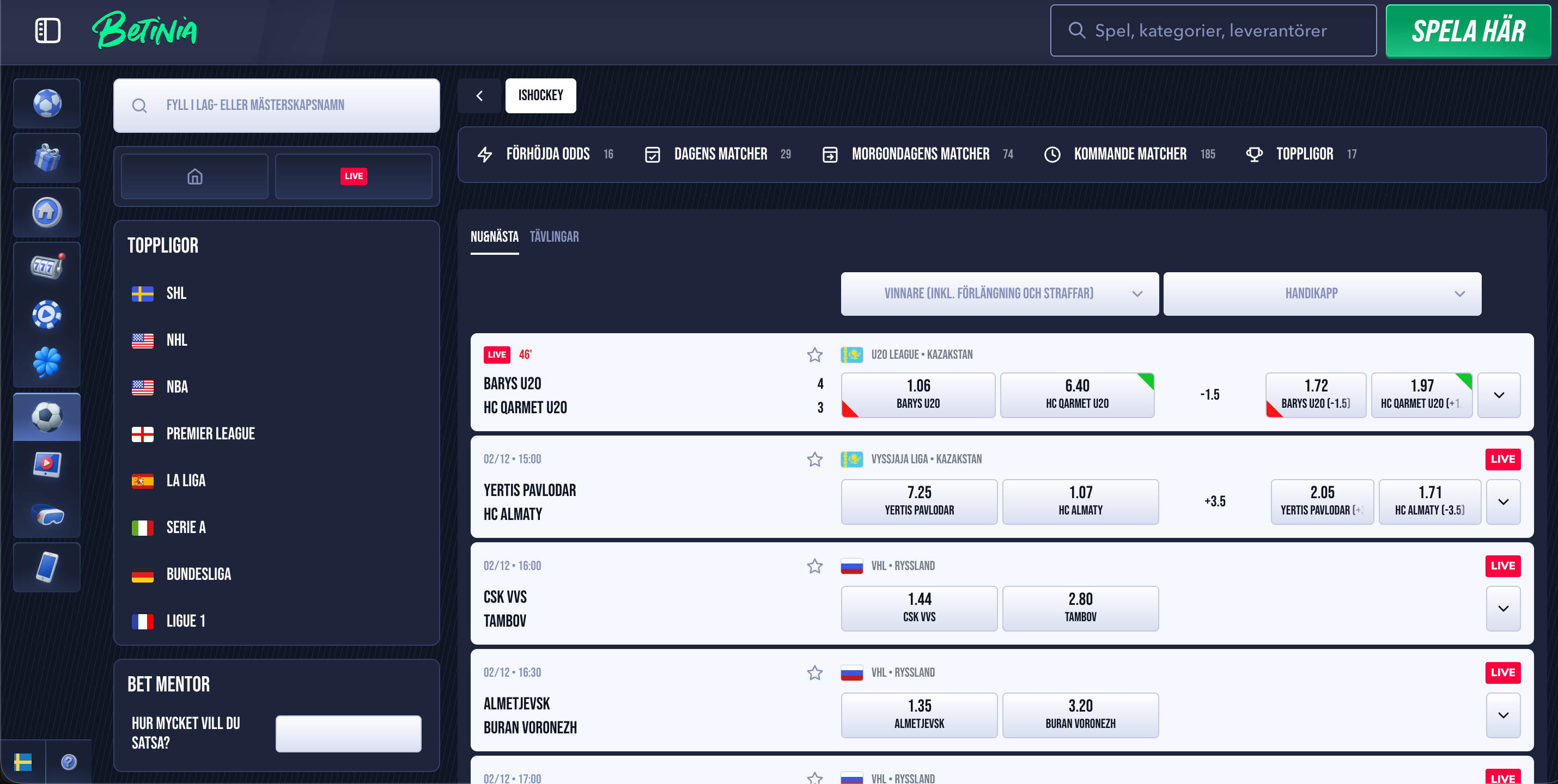 betinia bonus odds på hockey