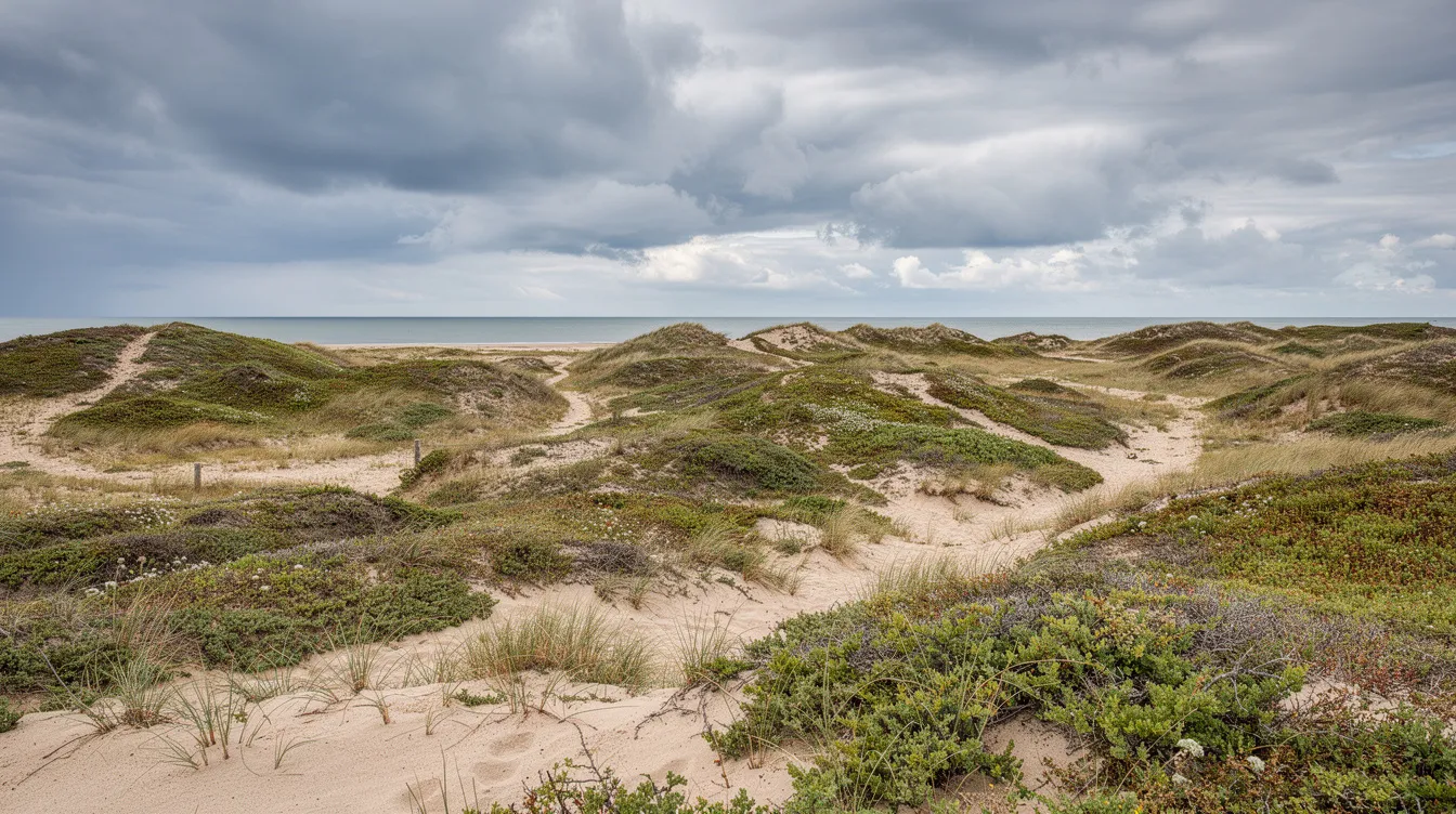 Eine weite, hügelige Dünenlandschaft mit niedrigem Grün erstreckt sich unter einem dramatisch bewölkten Himmel, während im Hintergrund das Meer zu sehen ist. Diese ruhige Szenerie erinnert an die historische Küste von Dünkirchen, wo einst bedeutende Ereignisse des Zweiten Weltkriegs stattfanden.