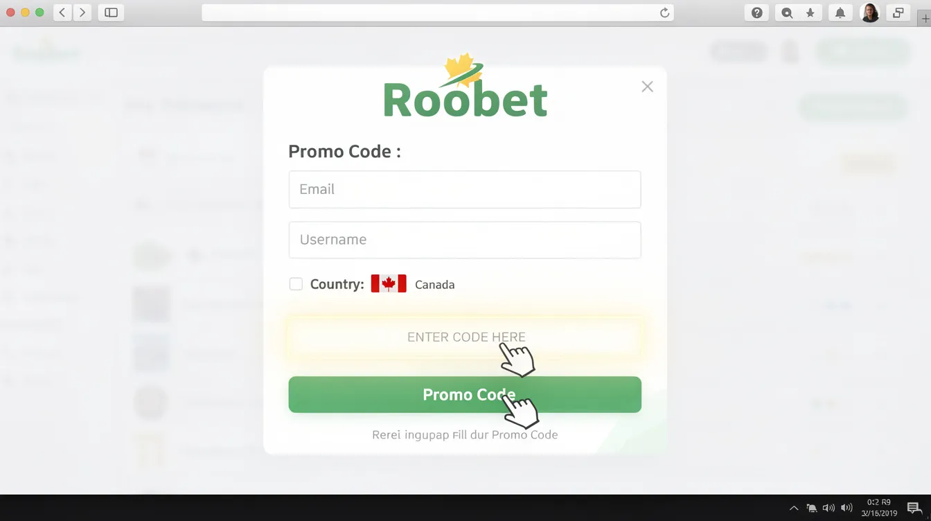 The image shows a computer screen displaying the official Roobet website, highlighting where to enter the Roobet promo code for Canada. It features sections for the welcome bonus and deposit bonus details, aimed at helping users optimize their betting experience with exciting bonuses and exclusive rewards.