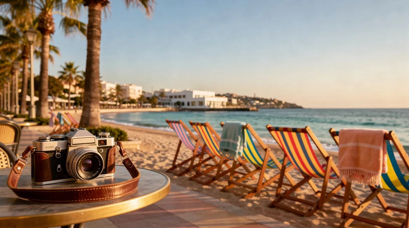 Een zonnige mediterrane boulevard met een vintage filmcamera en kleurrijke strandstoelen, die een ontspannen sfeer uitstralen, typisch voor de jaren vijftig. De scène roept beelden op van een tijd waarin de Franse actrice Brigitte Bardot een stijlicoon was, met haar charme en invloed op de filmindustrie.