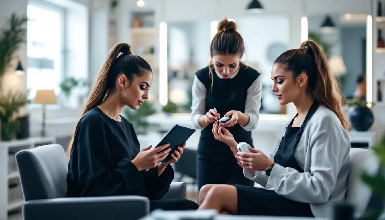 Un equipo de profesionales de la belleza colabora en un moderno salón de belleza, utilizando herramientas digitales de gestión para optimizar la administración de citas y reservas. La imagen muestra a los empleados interactuando con dispositivos que facilitan la conexión con los clientes y la organización de servicios.