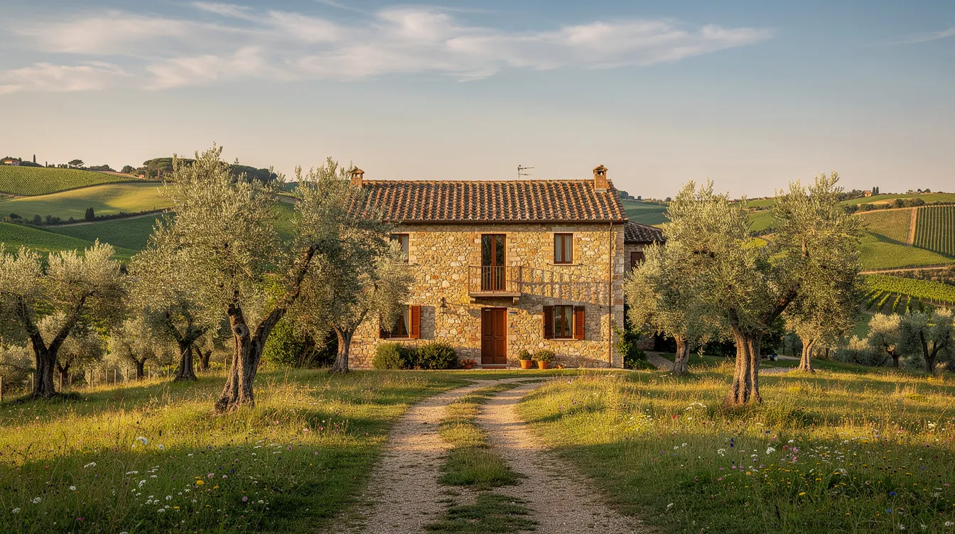 Retirement in Italy: Visas, Taxes, Property & Practical Steps (2027 Guide) 5 A rustic stone farmhouse is nestled among olive trees, with the rolling green hills of the Italian countryside creating a picturesque backdrop. This serene setting embodies the charm of retirement in Italy, making it an ideal location for foreign retirees seeking a peaceful lifestyle amidst rich culture and natural beauty.