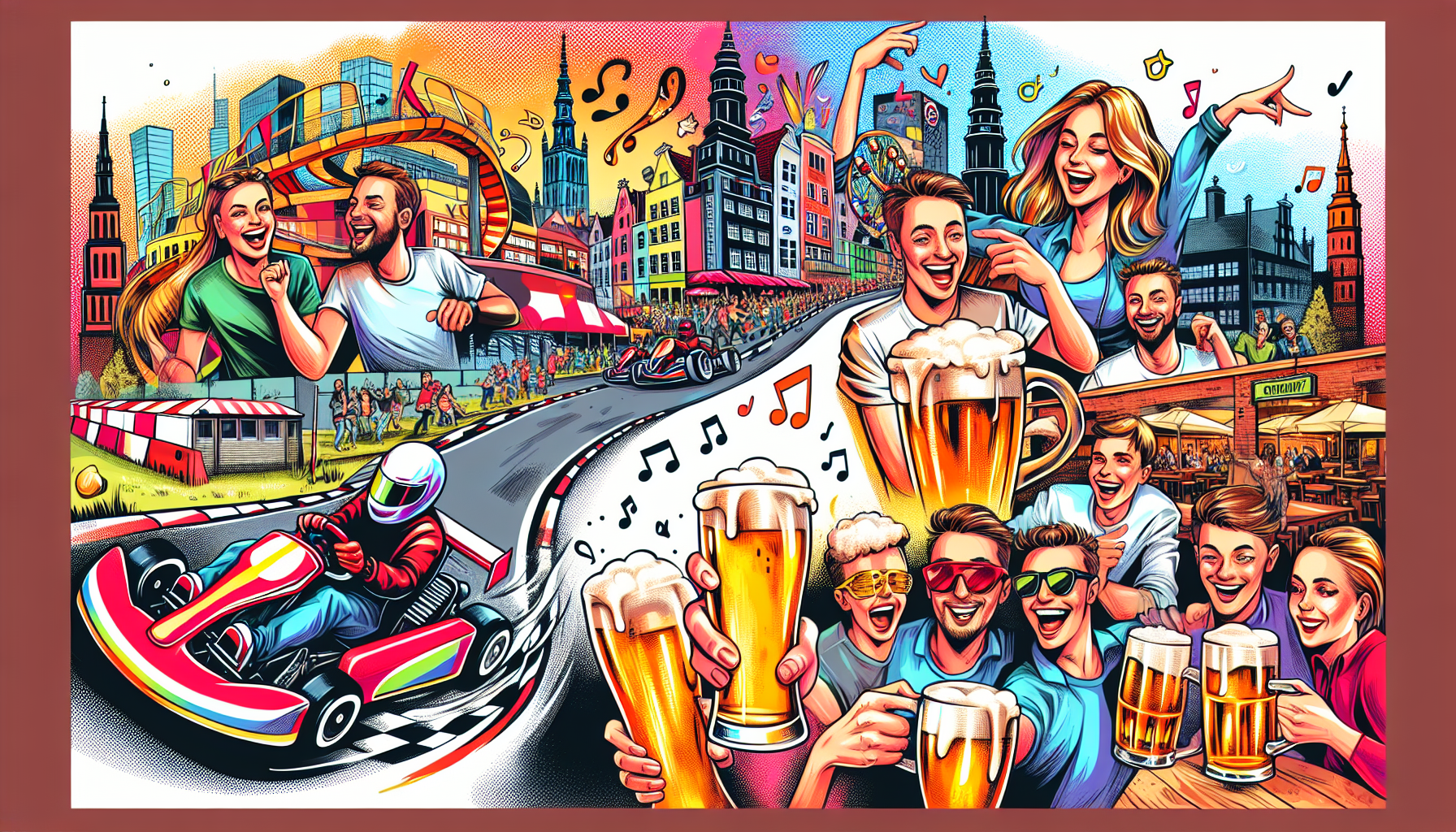 An illustration depicting various exciting activities available for a Gdansk stag weekend, including nightlife and adventure.