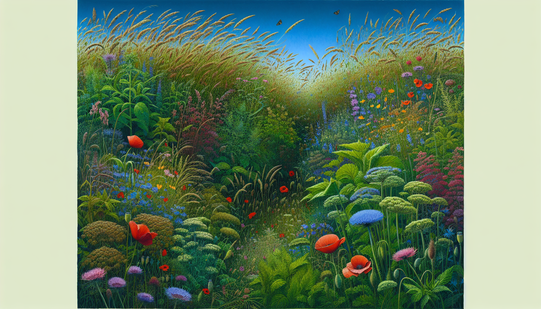Overgrown wild grass and flowers in a garden