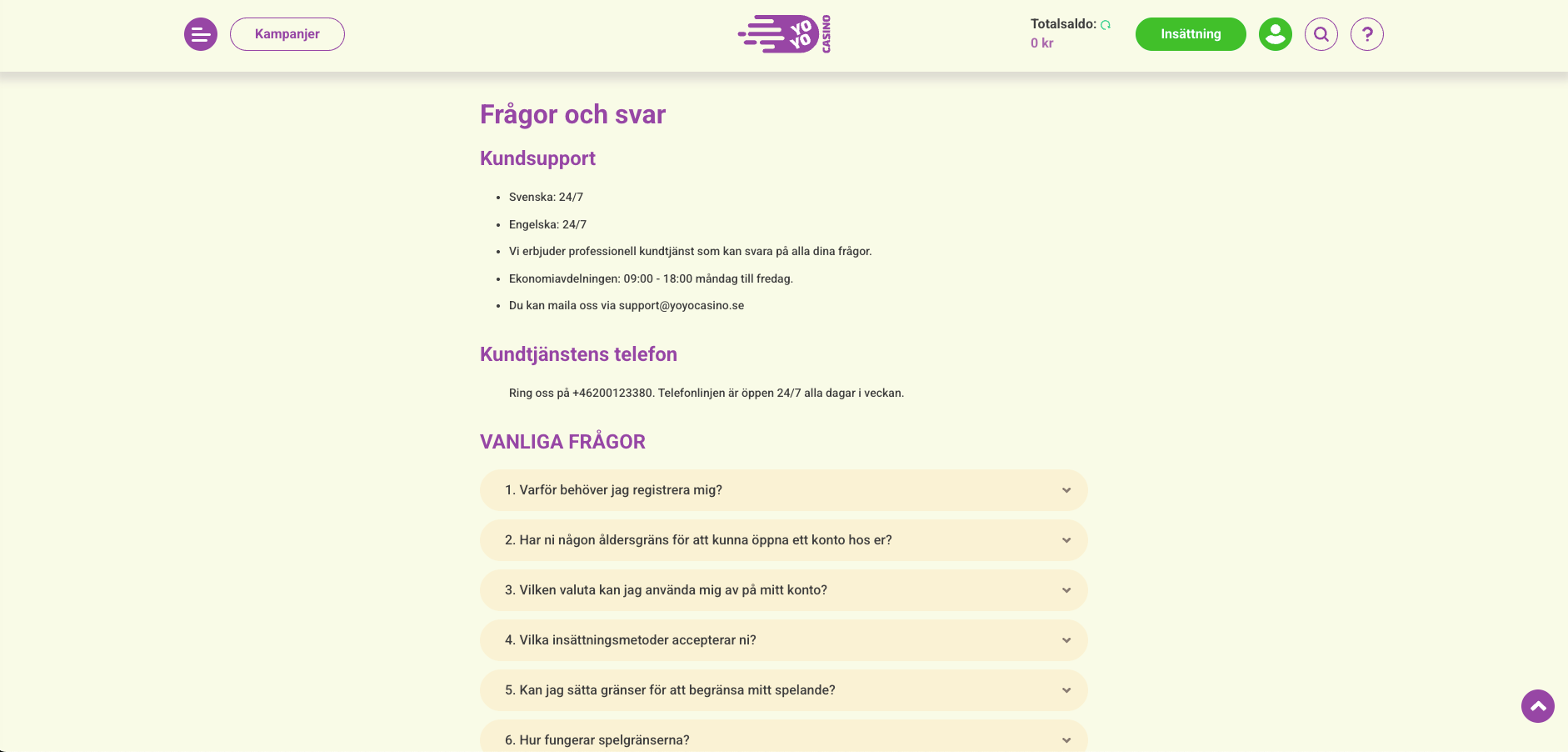 yoyo casino faq