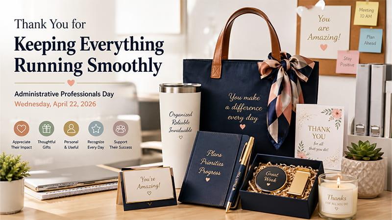 Administrative Professionals Day 2026 appreciation gifts with tote bag, tumbler, notebook, thank-you cards, and personalized corporate gifts