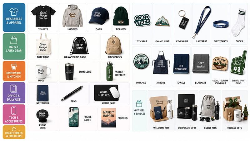 Merch product ideas grouped by apparel, bags, drinkware, stationery, tech accessories, and gift sets.