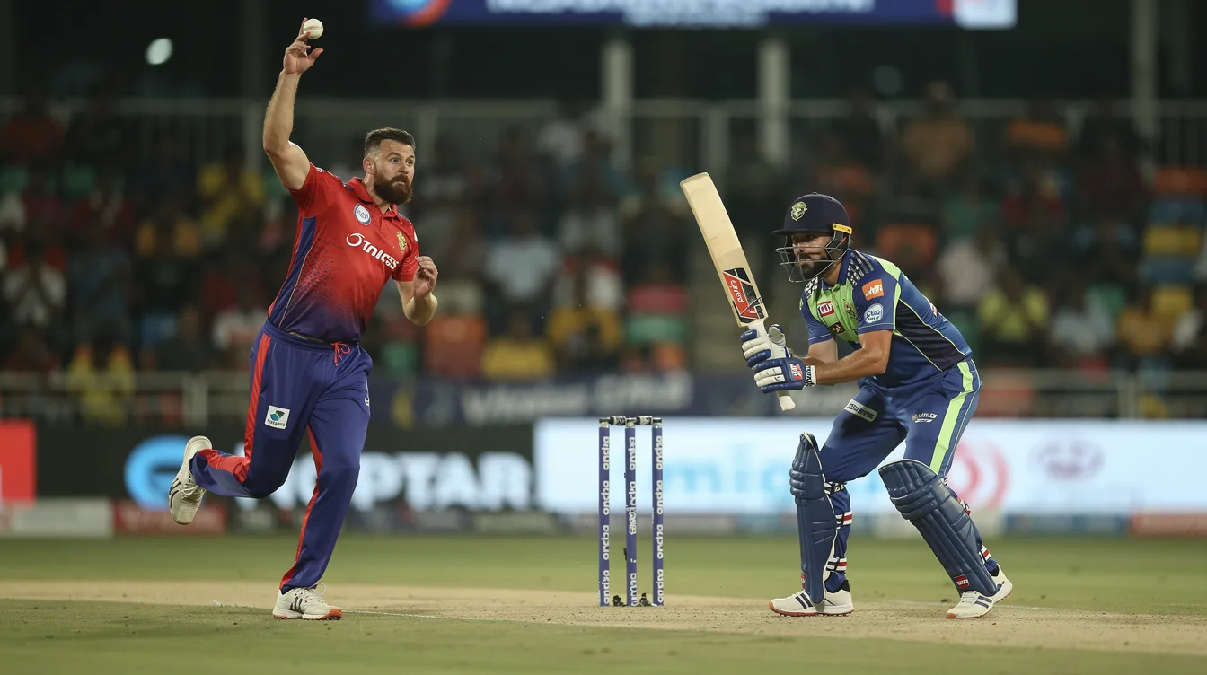 A cricket bowler is in mid-delivery during a T20 match, with a batsman poised and ready to play. This dynamic scene captures the excitement of live cricket action, perfect for fans looking to stream live matches and catch key moments of their favorite sports.