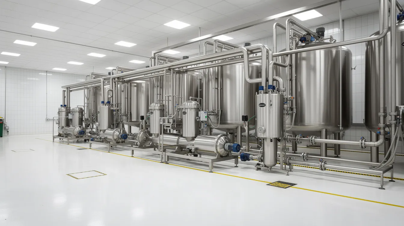 3e4ab54f 4b9c 4bc5 91b7 ec687e32b228 The image depicts an industrial dairy processing facility featuring large stainless steel tanks and pipes, along with centrifugal equipment, all set in a clean and organized factory environment. This facility is designed for the production of premium dairy ingredients, such as anhydrous milk fat and butter oil, catering to the rising consumer demand in the dairy industry.