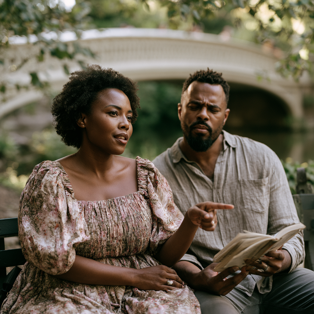 Black couple on a park bench, she points at something while he stays absorbed in a book.