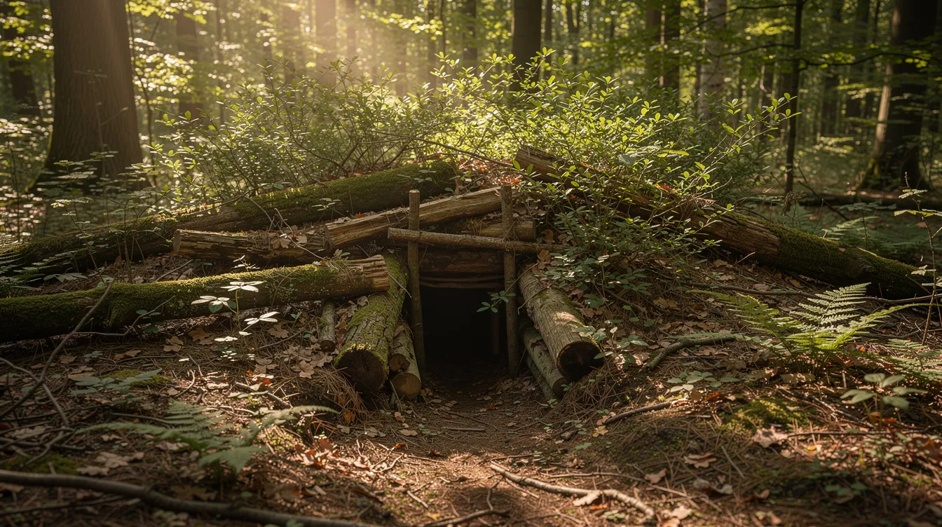 The image depicts a woodland scene featuring a partially concealed firing position among fallen logs and low bushes, with dappled light filtering through the trees. An airsoft sniper rifle is strategically placed, emphasizing the importance of remaining hidden while waiting for the perfect shot at high-value targets.