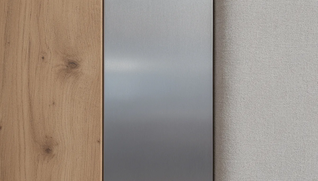 Close-up van verschillende wandpaneeltexturen, waaronder een houtnerf, geborsteld metaal en zachte stof, die samen een unieke muurdecoratie vormen. Deze variaties bieden een natuurlijke uitstraling en zijn perfect voor elke woonruimte, zoals de woonkamer of slaapkamer.