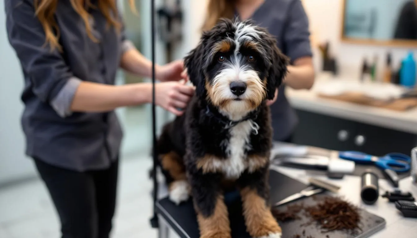 A playful Bernedoodle with a curly coat is being professionally groomed, surrounded by various grooming tools. The scene captures the dog's gentle nature and the care taken to maintain its beautiful fur, highlighting the importance of regular grooming appointments for this hybrid breed.