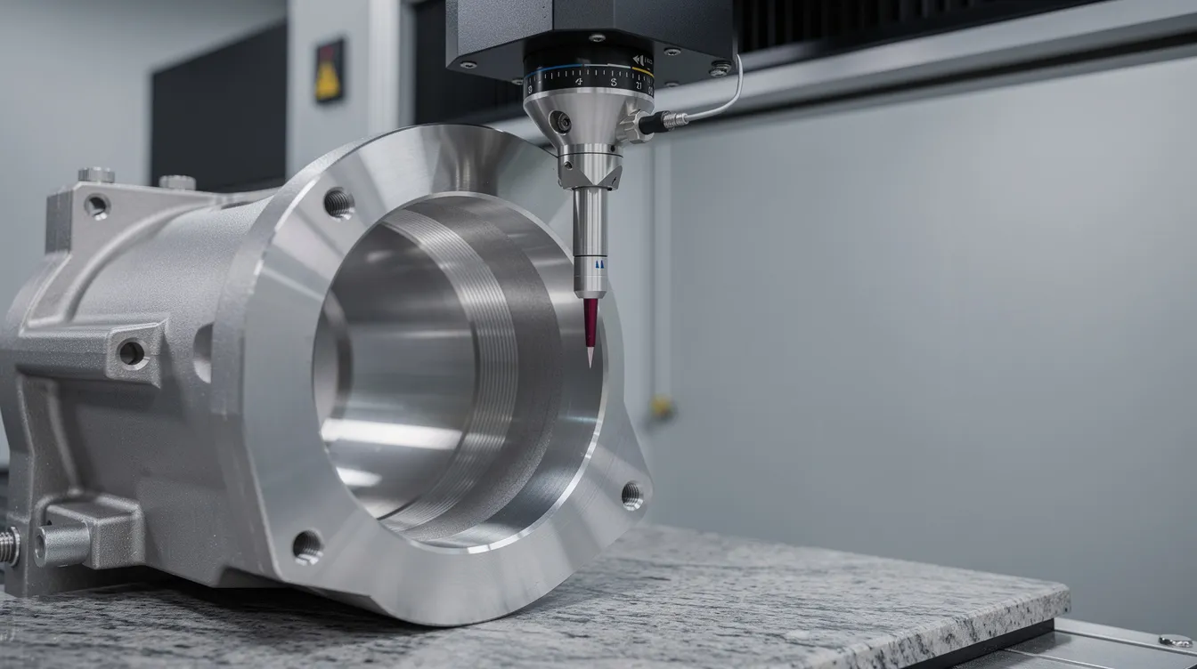 A CMM touch probe is measuring the bore of a precision-machined metal housing in a clean inspection room, ensuring high precision and dimensional accuracy in the manufacturing process. This quality control step is essential for meeting tight tolerances required in the CNC machining industry.