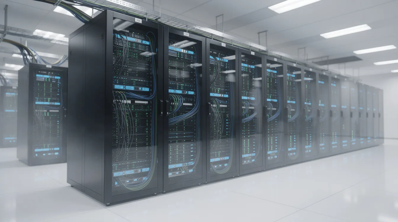 The image shows a modern data center filled with server racks, each adorned with blinking lights that indicate activity. This high-tech environment is essential for deploying models and managing data structures, demonstrating the intricate systems engineers use in machine learning projects.
