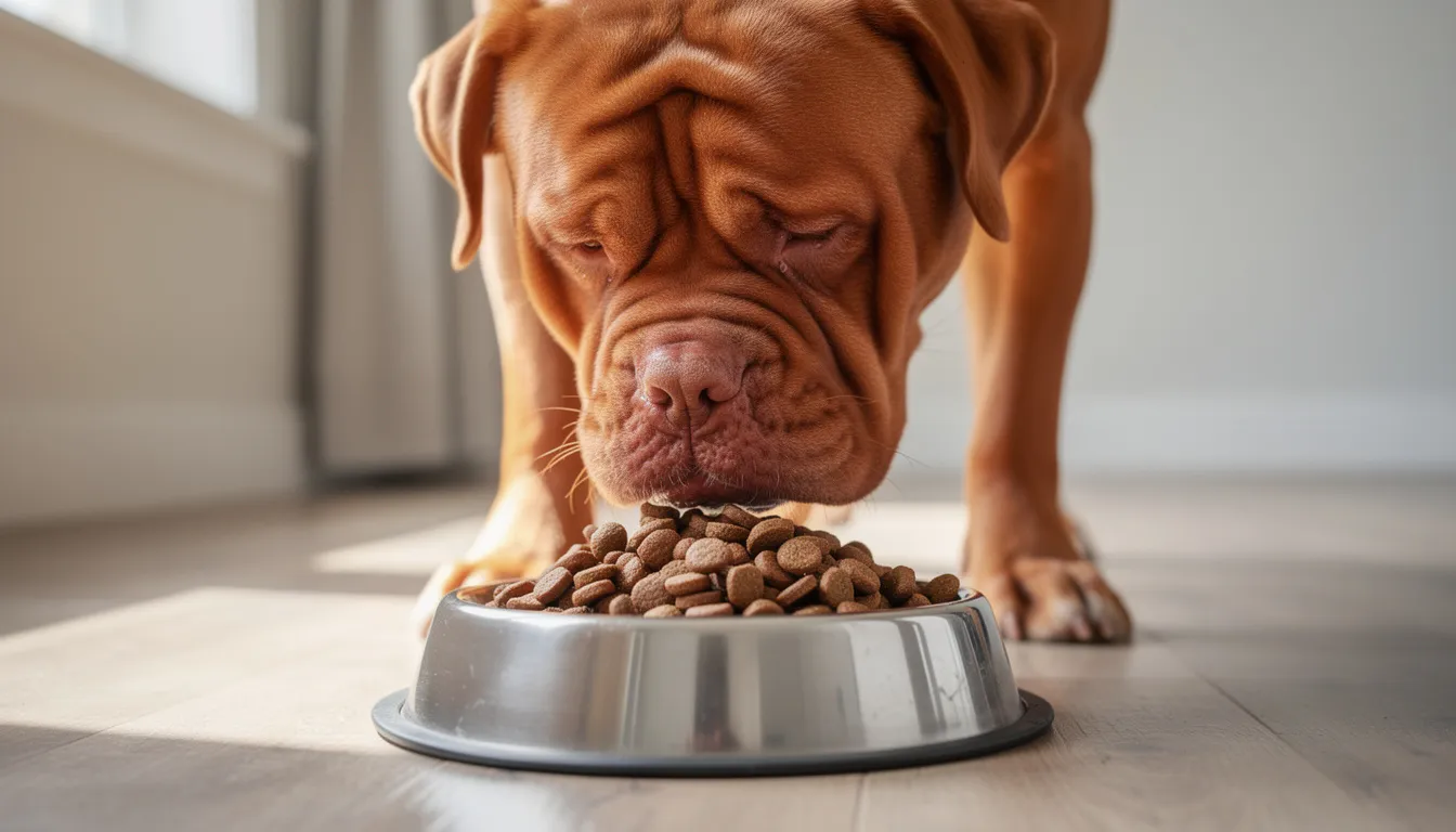 A Dogue de Bordeaux is seen enjoying high-quality kibble from a dog bowl, showcasing its muscular build and calm demeanor. This large breed dog, known for its gentle nature and protective instincts, has a distinctive wrinkled forehead and a dark red fawn coat.