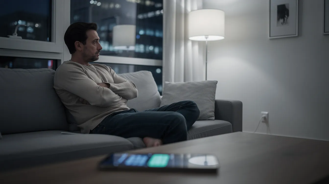 The image depicts a man exhibiting signs of dismissive avoidant attachment style, characterized by emotional distance and self-reliance in relationships. He appears introspective, highlighting the challenges of forming deep emotional connections and the tendency to avoid intimacy.