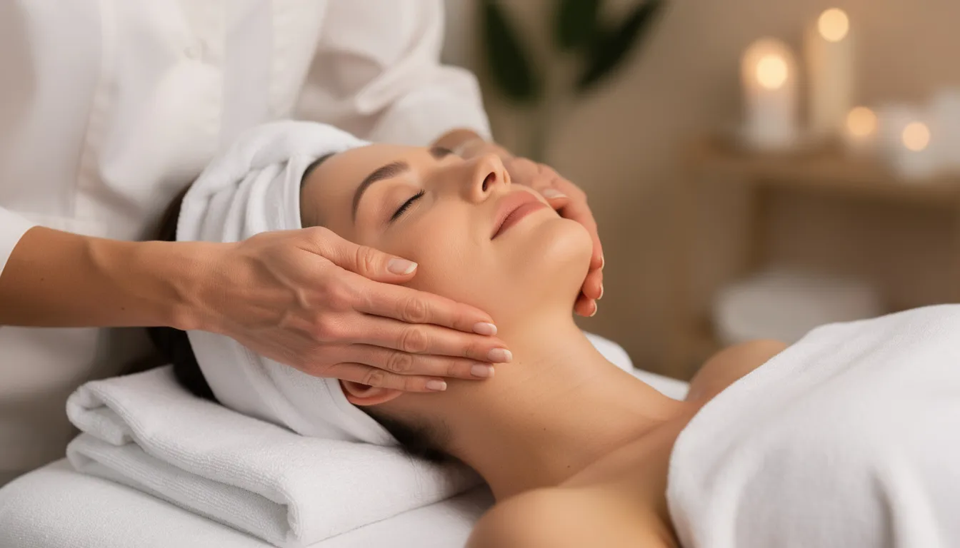 Na obrazie widoczne są dłonie wykonujące relaksacyjny masaż twarzy kobiecie, co sprzyja poprawie krążenia krwi oraz nawilżeniu skóry. Taki zabieg, często stosowany w medycynie estetycznej, może przyczynić się do redukcji zmarszczek oraz poprawy elastyczności skóry, zapewniając naturalny wygląd.