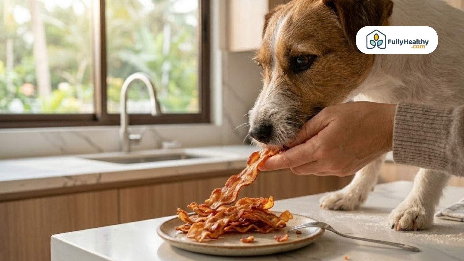 Small dog eating bacon from plate on counter