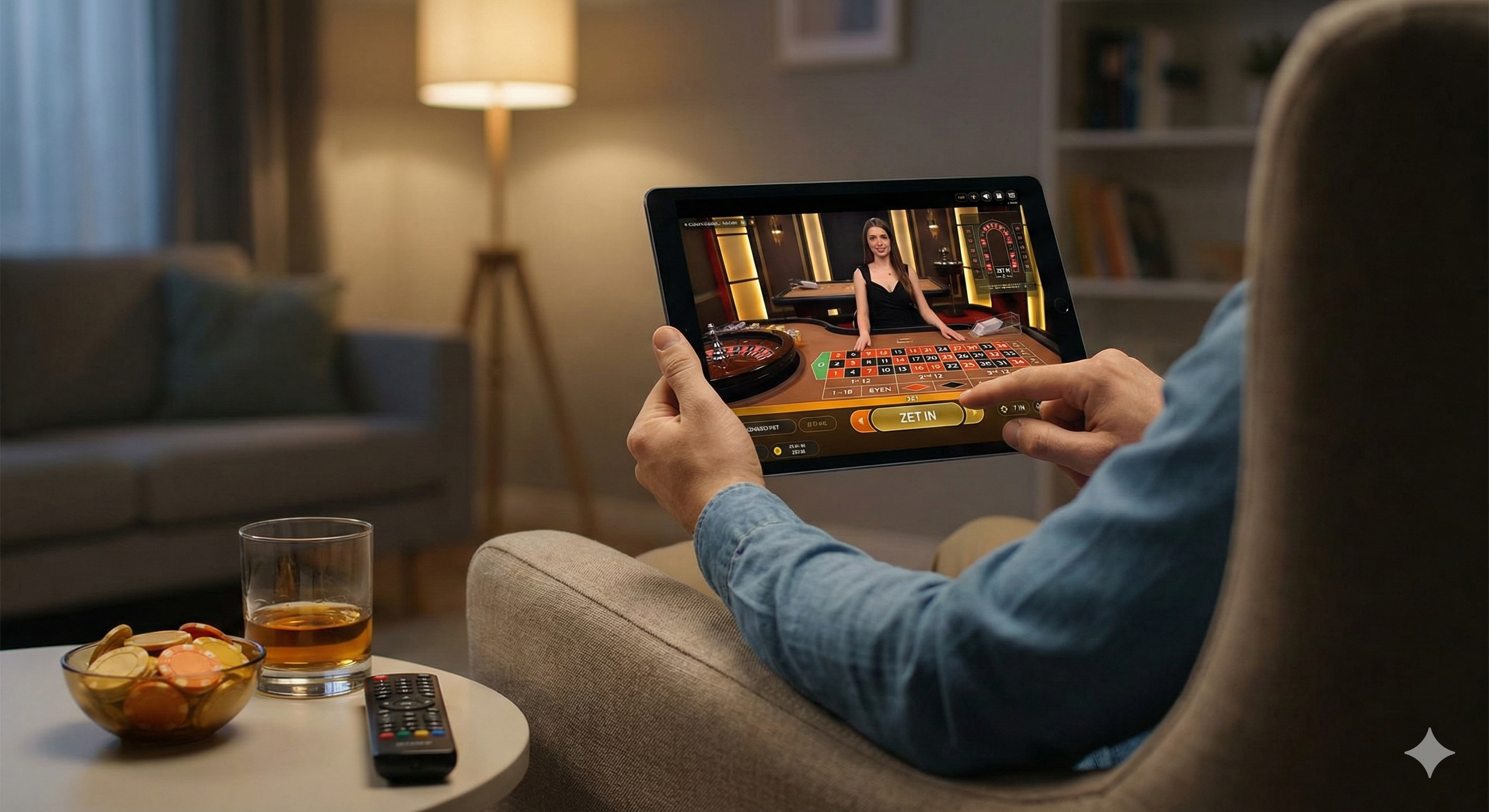 Live casino roulette spelen op tablet, speler thuis op de bank met live dealer, fiches en inzetknoppen zichtbaar op het scherm.