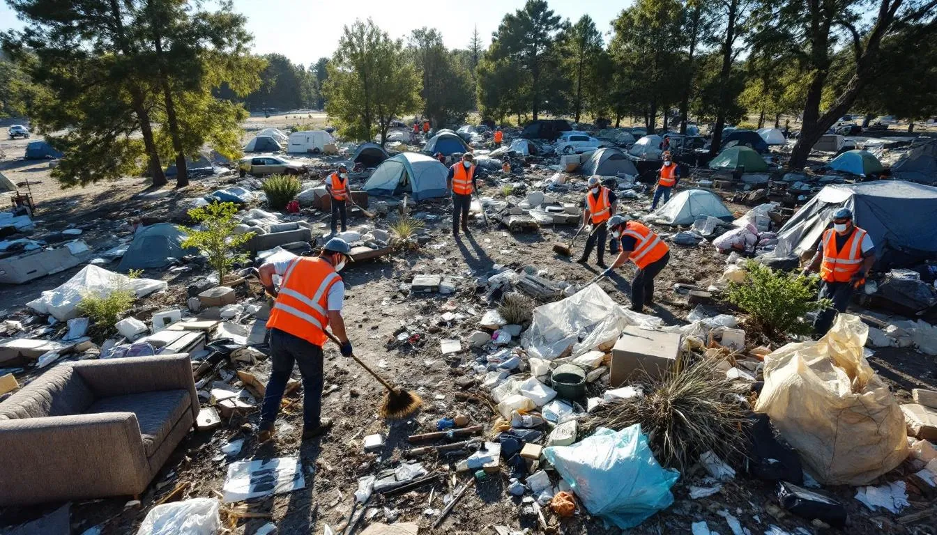 A professional cleanup crew wearing personal protective equipment is actively removing debris and trash from a homeless encampment site, ensuring public safety and health in the process. The scene highlights the efforts to address the homelessness crisis while managing personal belongings and waste in public spaces.