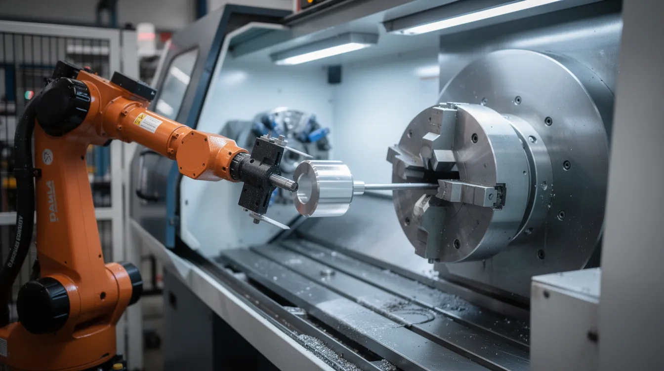 A robotic arm is efficiently loading a metal part into the chuck of a CNC lathe on an automated production line, showcasing the process optimization and operational efficiency crucial for meeting customer demand. This scene emphasizes the importance of reducing cycle time and improving production processes to enhance customer satisfaction.